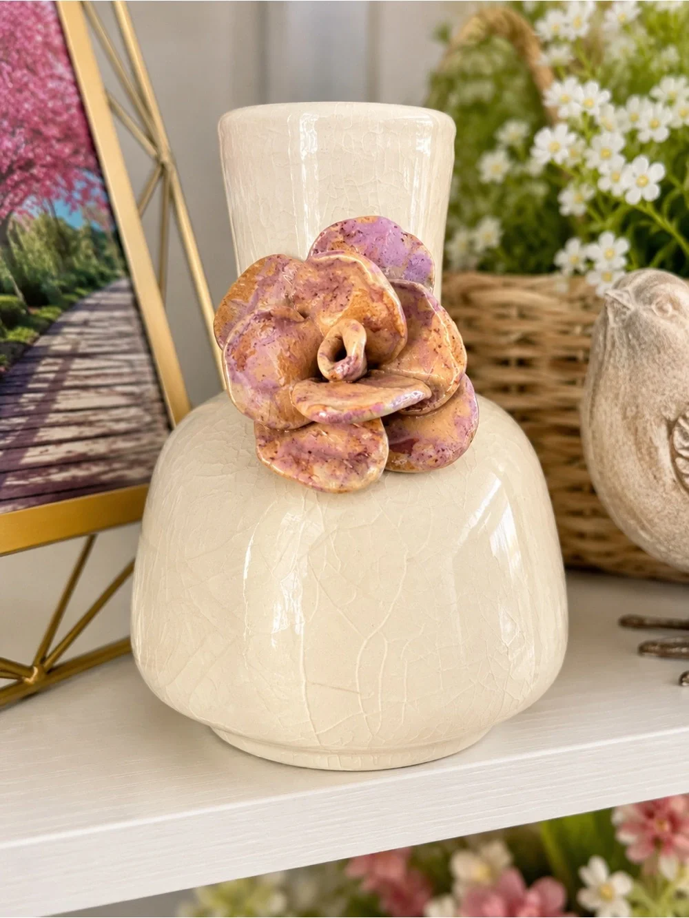 Vintage Ivory Crackle Glaze Pottery Vase with Applied Pink Rose – Cottage Floral